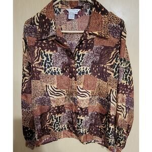 Vintage Studio A. Shirt Women's M 100% Silk Brown Patchwork Long Sleeve Button